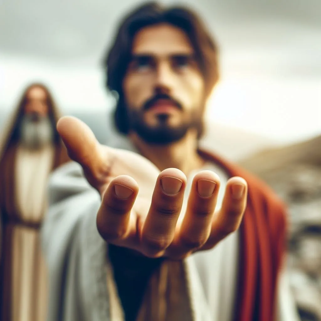 Jesus holding out his hand point of view