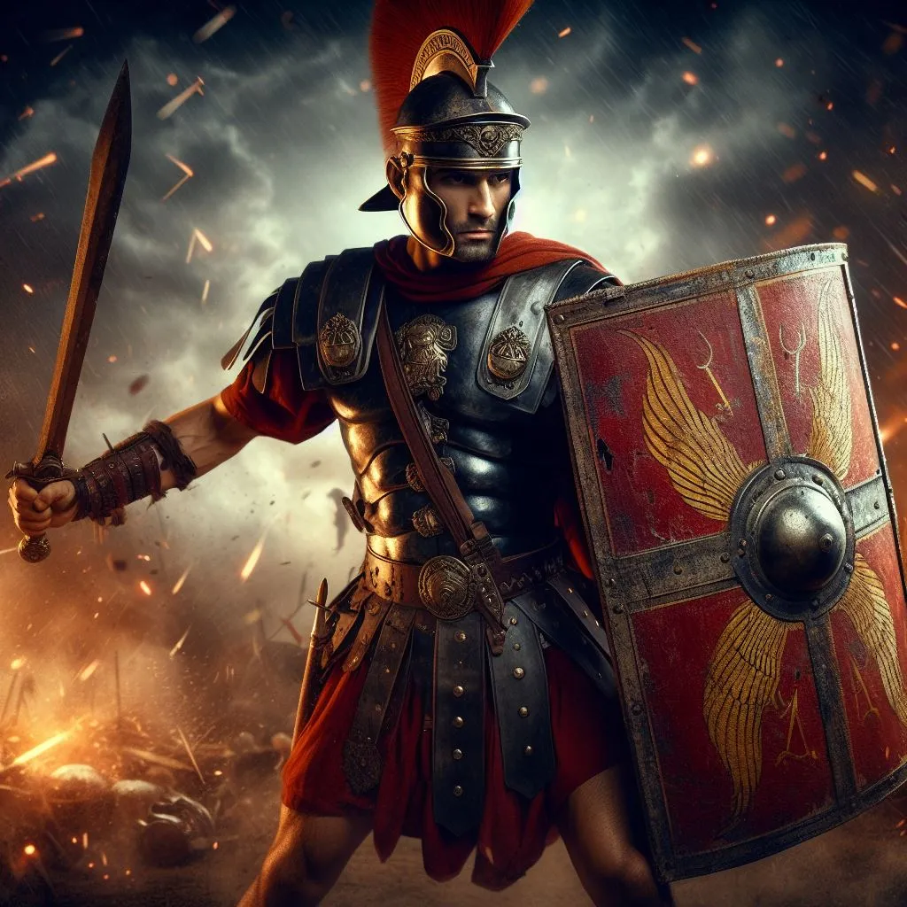 A roman soldier with a sword and a shield