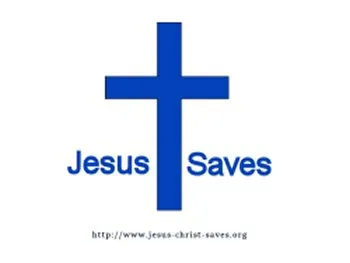 A blue cross with Jesus saves